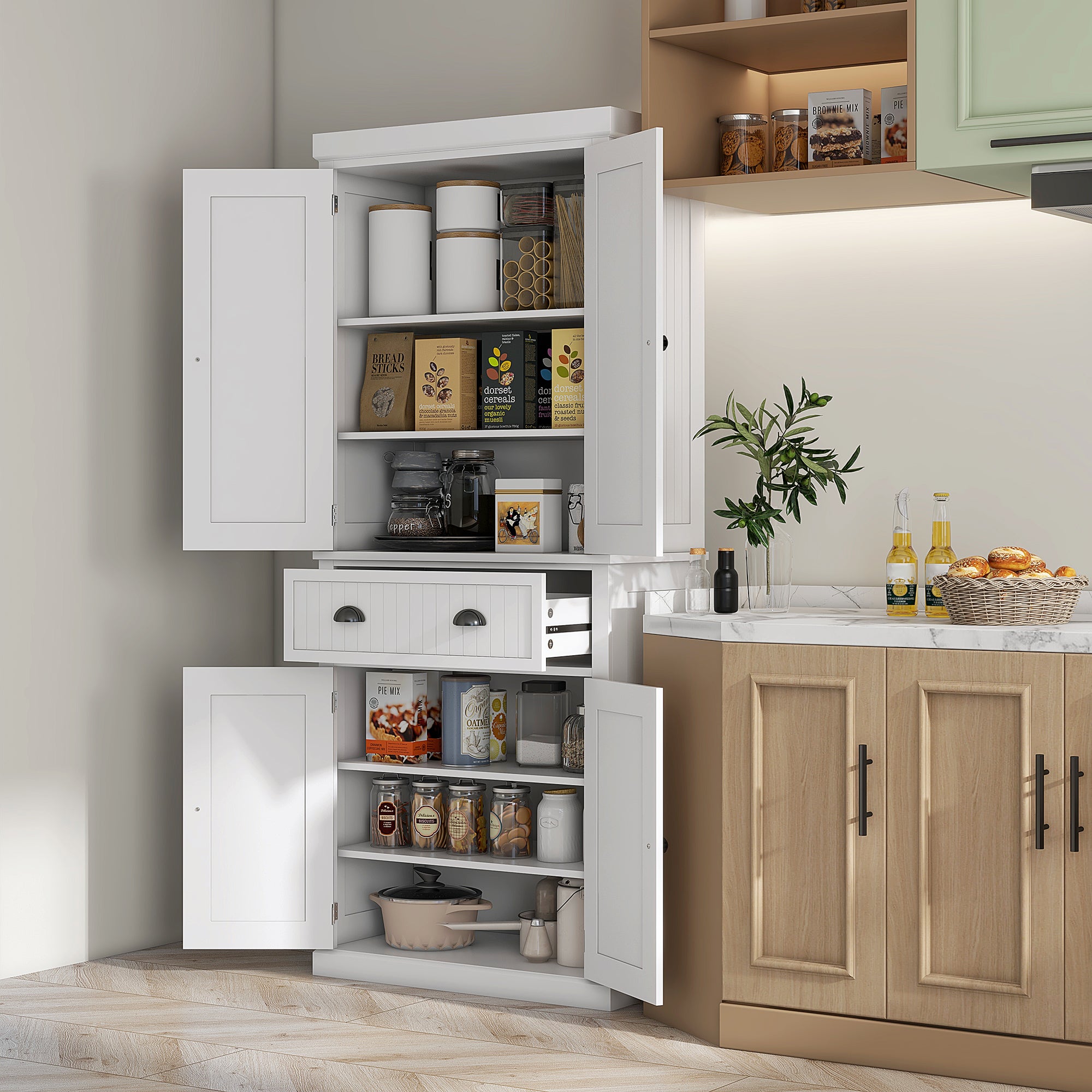 HOMCOM Kitchen Storage Cabinet with Drawer and Adjustable Shelves - White 
