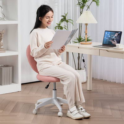 HOMCOM Armless Heart Computer Desk Chair, Teddy Fleece Swivel Office Chair, Makeup Vanity Chair with Height Adjustable, Wheels, for Home Study Bedroom, Pink 