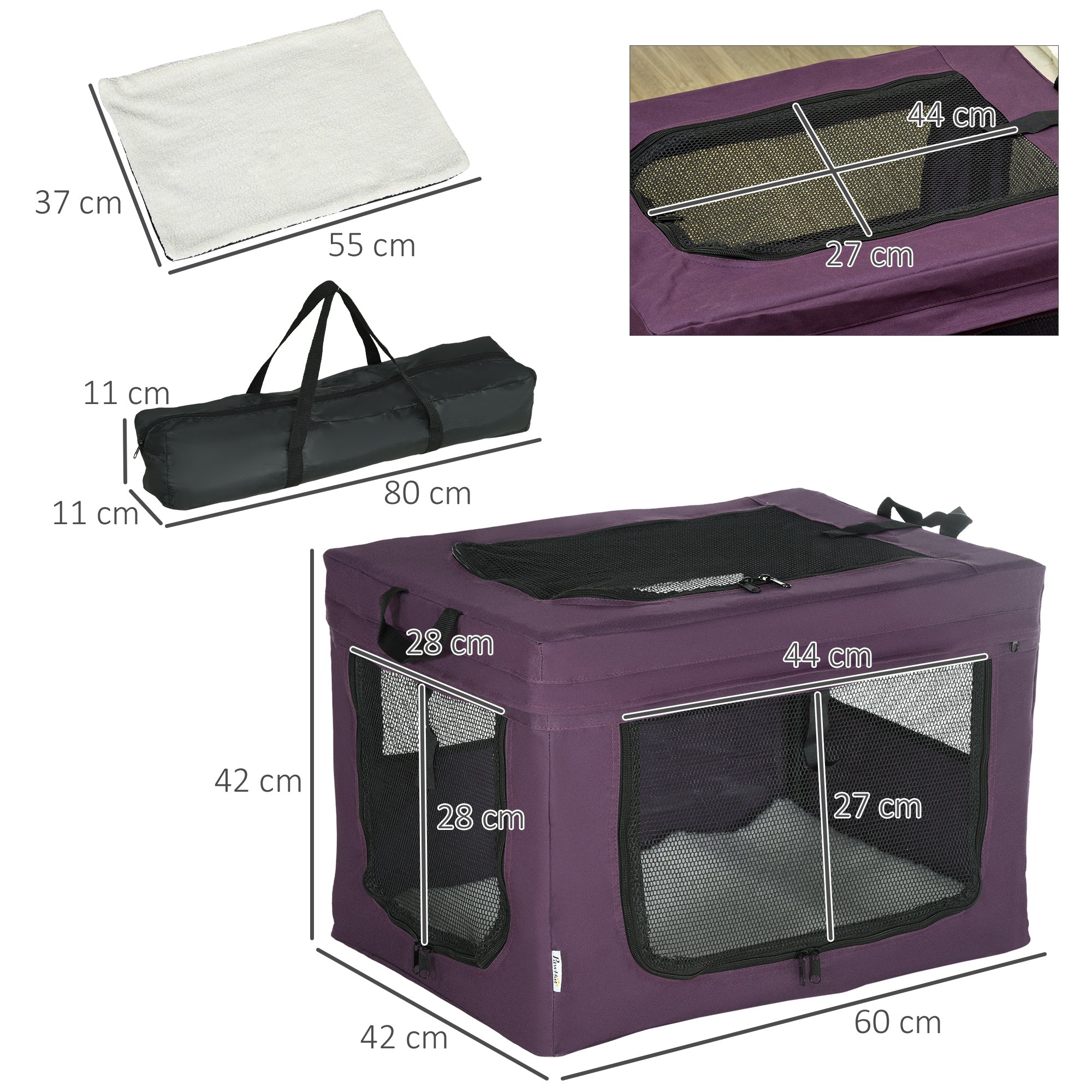 PawHut 60cm Pet Carrier, with Cushion, for Miniature Dogs - Purple 