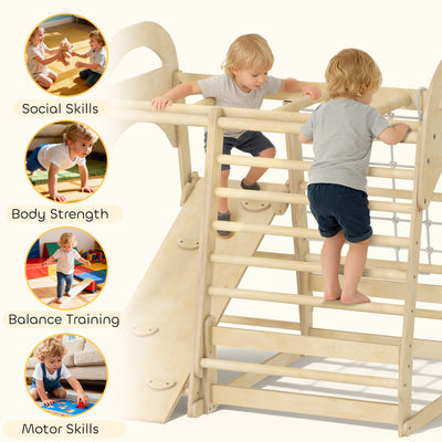 AIYAPLAY 6 in 1 Kids Climbing Frame with Slide, Monkey Bars, Gymnastics Rings, Ladder, Climbing Net, for 3-6 Years, Natural Tone 
