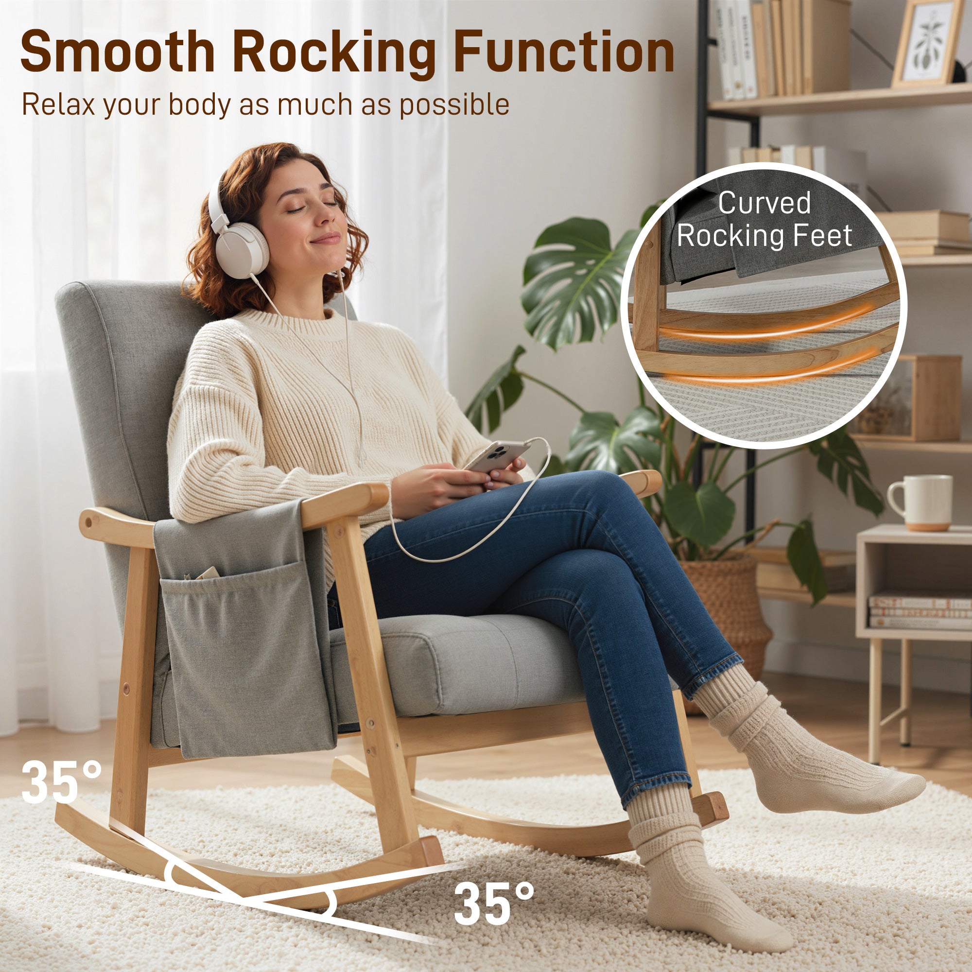 HOMCOM Wood Frame Rocking Accent Chair - Light Grey 