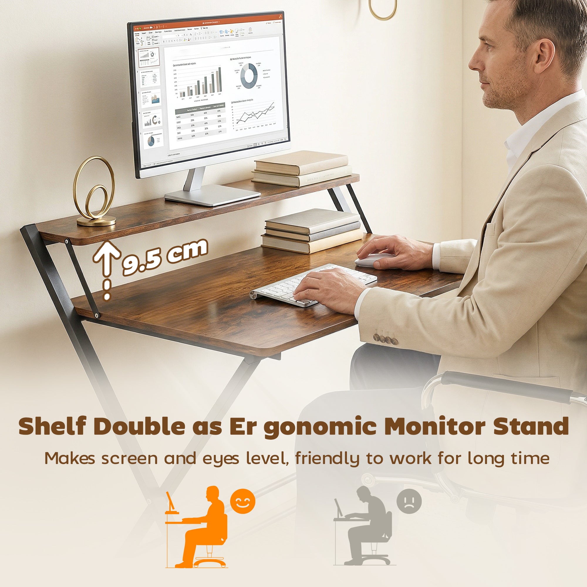 HOMCOM Compact Folding Desk for Small Spaces with Storage Shelf for Home Office, Rustic Brown 