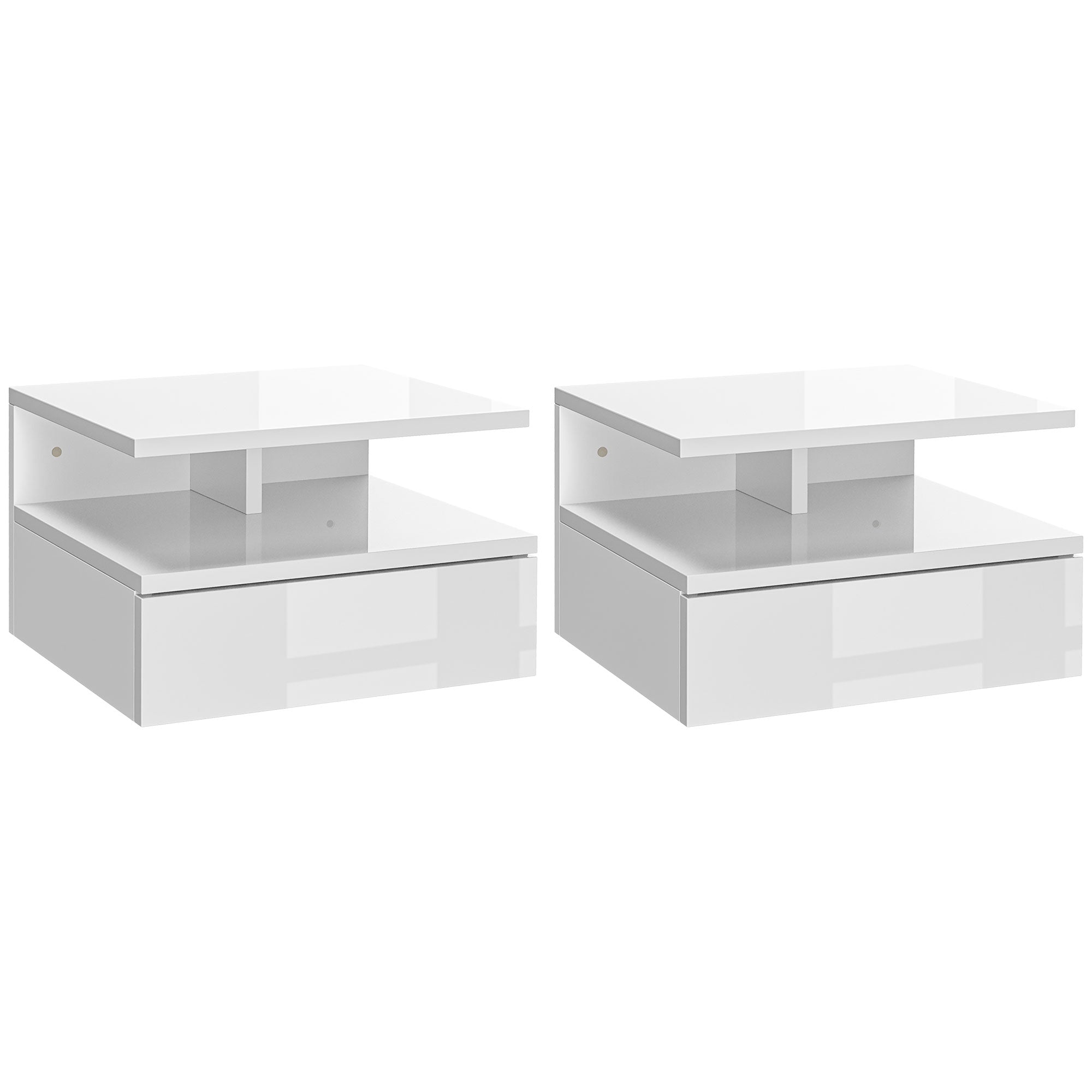 HOMCOM Set of Two Floating High Gloss Bedside Tables - White 