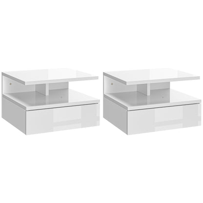 HOMCOM Set of Two Floating High Gloss Bedside Tables - White 