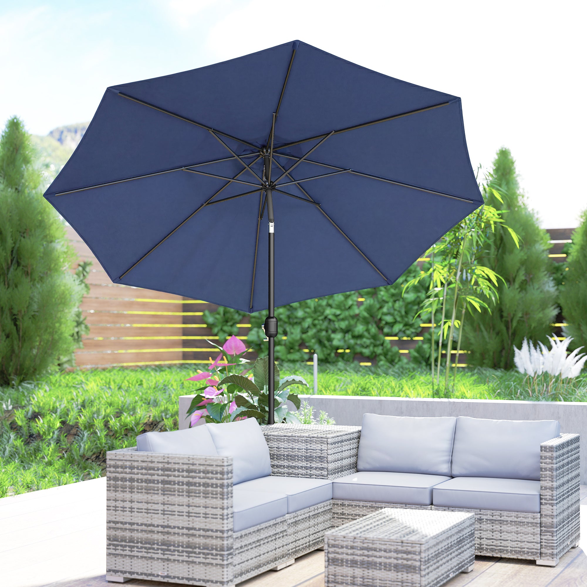 Outsunny 3 m Garden Parasol Umbrellas, Outdoor Sun Shade with 8 Ribs, Tilt and Crank Handle, Navy Blue 