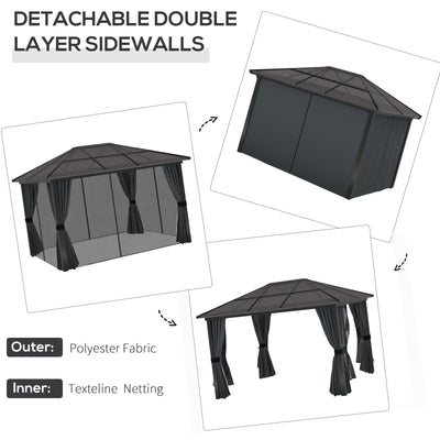 Outsunny 3 x 3.6m Hardtop Gazebo Canopy with Polycarbonate Roof, Aluminium Frame, Permanent Pavilion Garden Gazebo with Netting and Curtains for Patio, Deck, Dark Grey 