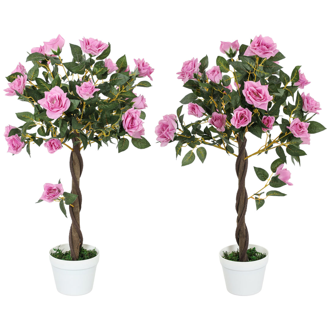 Outsunny Set of 2 Artificial Plants White Rose Floral in Pot, Fake Plants for Home Indoor Outdoor Decor, 90cm, Purple 