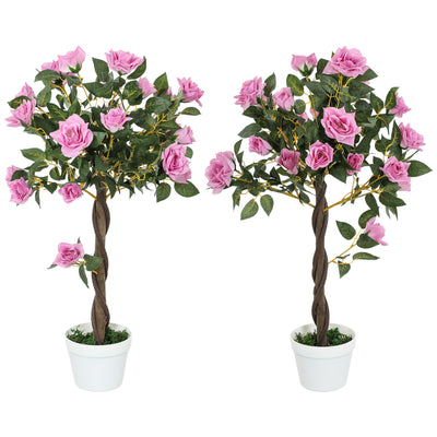 Outsunny Set of 2 Artificial Plants White Rose Floral in Pot, Fake Plants for Home Indoor Outdoor Decor, 90cm, Purple 