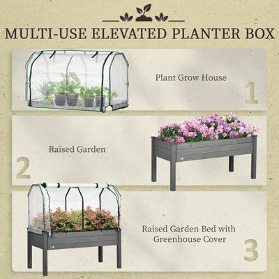 Outsunny Raised Garden Bed Outdoor Elevated Wood Planter Box w/ PE Cover, Dark Grey 