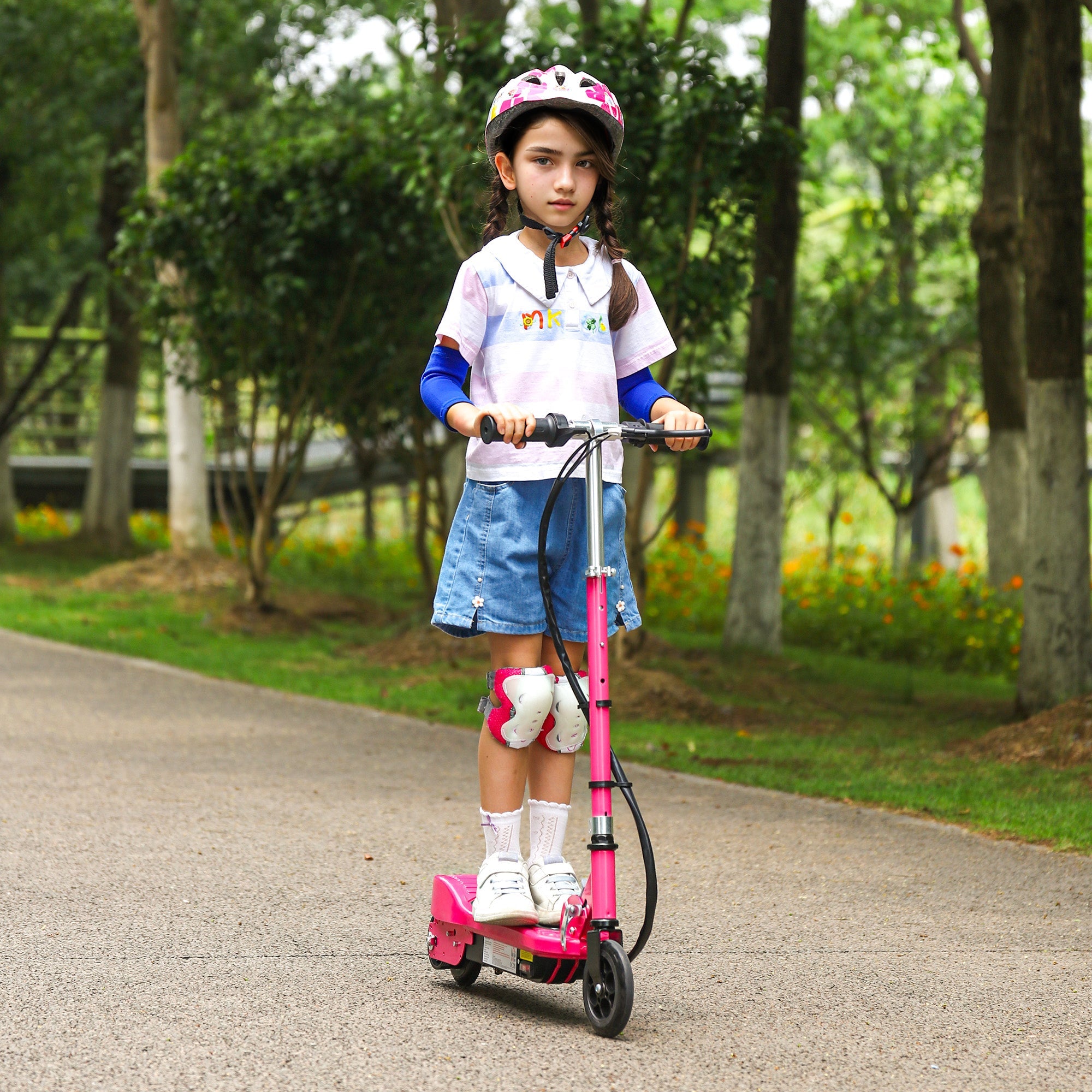 HOMCOM Foldable Electric Kids Scooter, Ride on, for Ages 7-14 Years, Pink 