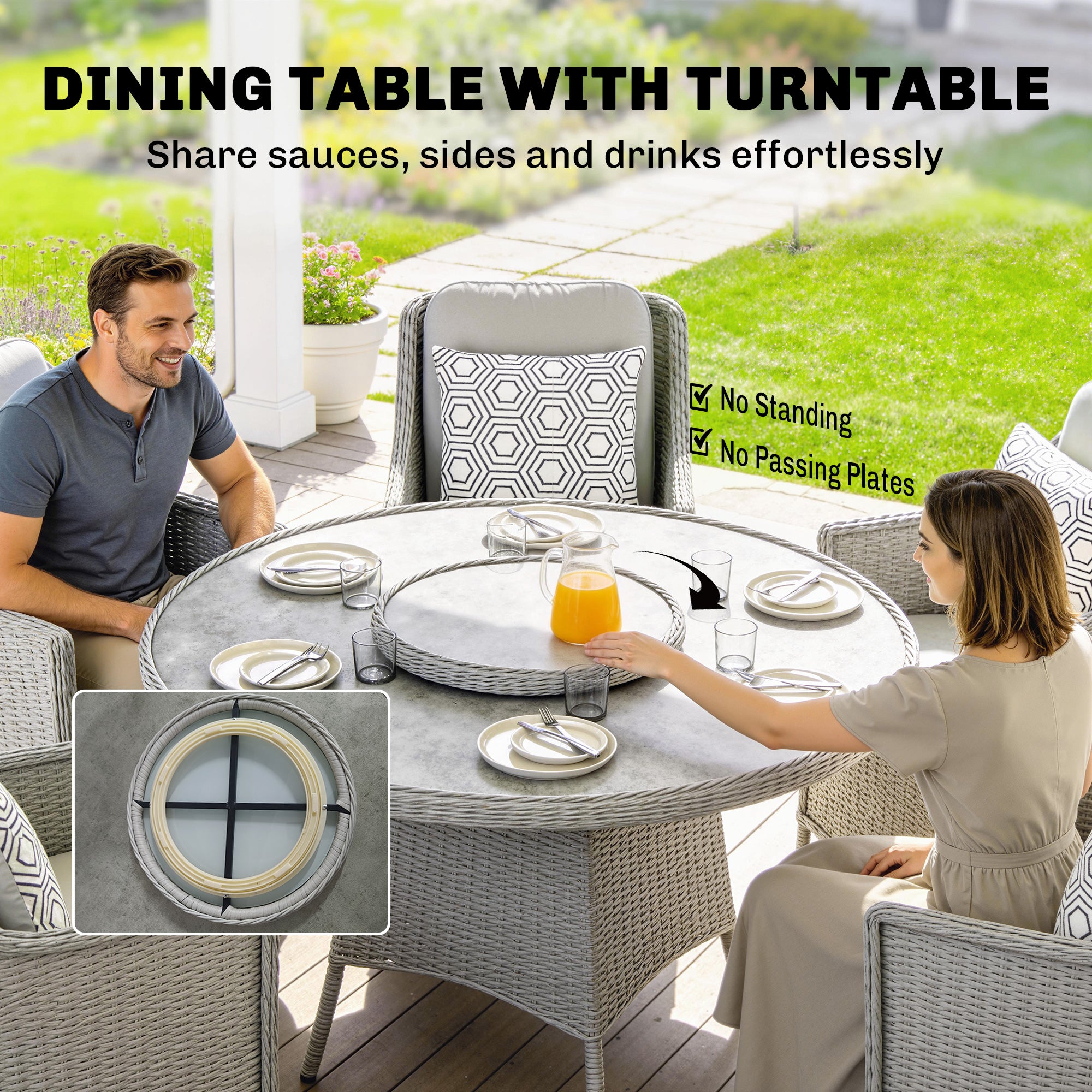 Outsunny Rattan Garden Dining Set with Turntable, Marble Effect Glass Round Garden Table and Chairs with Aluminium Frame, Grey 