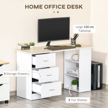 HOMCOM Computer Desk, Writing Table, PC Workstation with 3 Storage Shelves and Drawers, Silver Handle, for Home Office, White 
