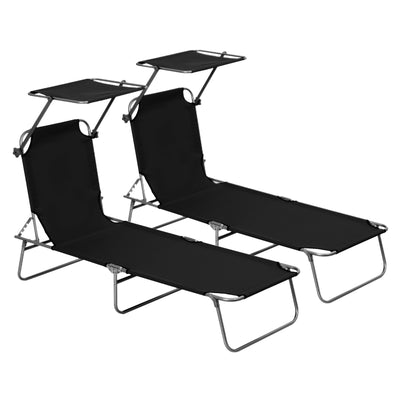 Outsunny 2 Pieces Outdoor Foldable Sun Lounger, 4 Level Adjustable Backrest Reclining Sun Lounger Chair with Angle Adjust Sun Shade Awning for Beach, Garden, Patio, Black 