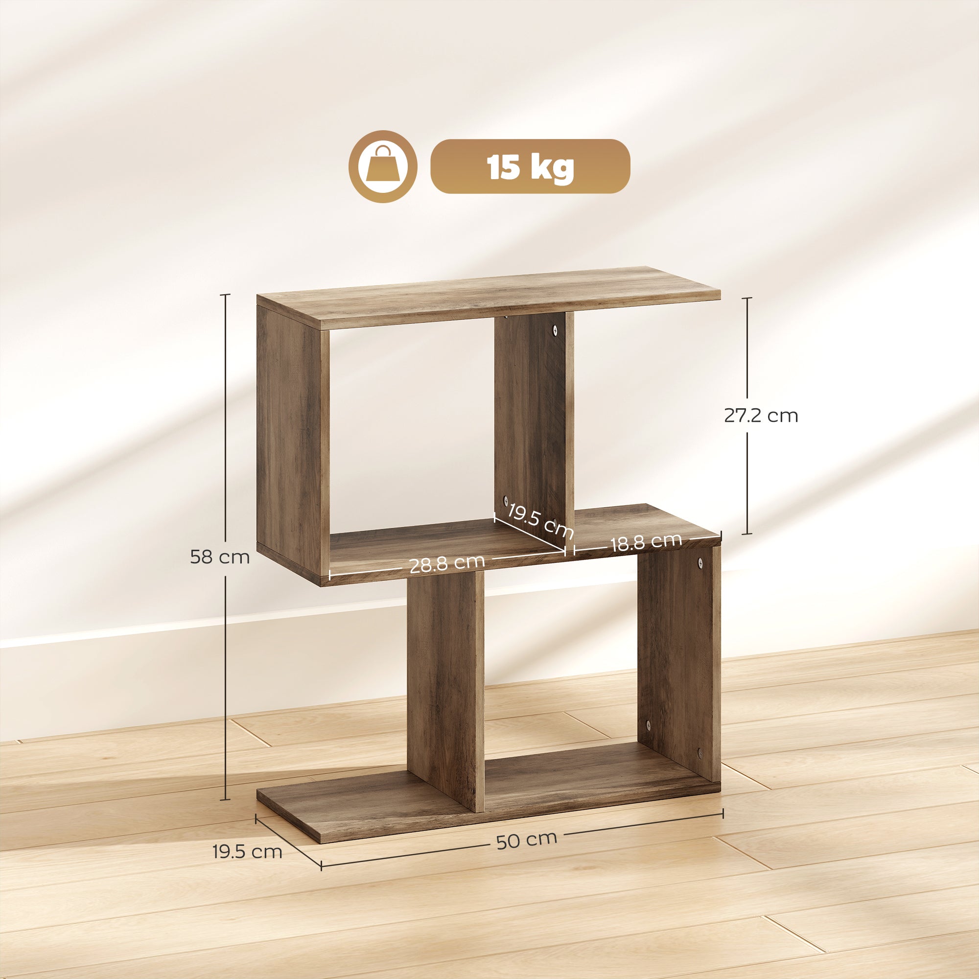 HOMCOM Side Table, Narrow End Table with Storage Shelves, S-Shaped, 3-Tier, 50W x 19.5D x 58H cm, Oak 