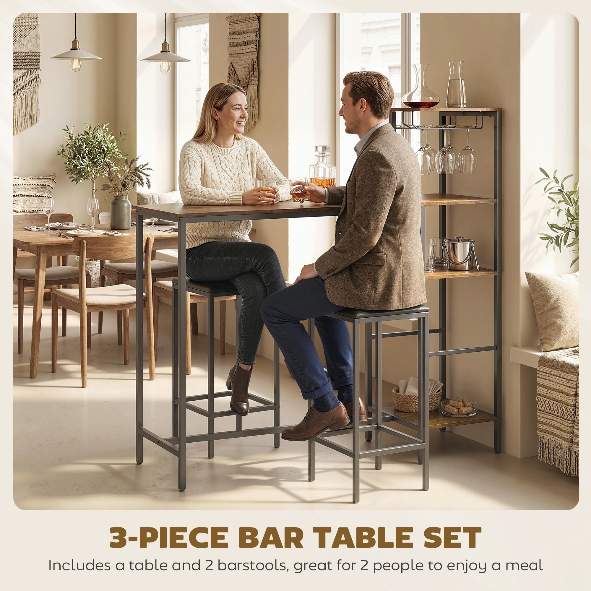 HOMCOM 3 Piece Breakfast Bar Table and Stools Set, Rustic Brown 