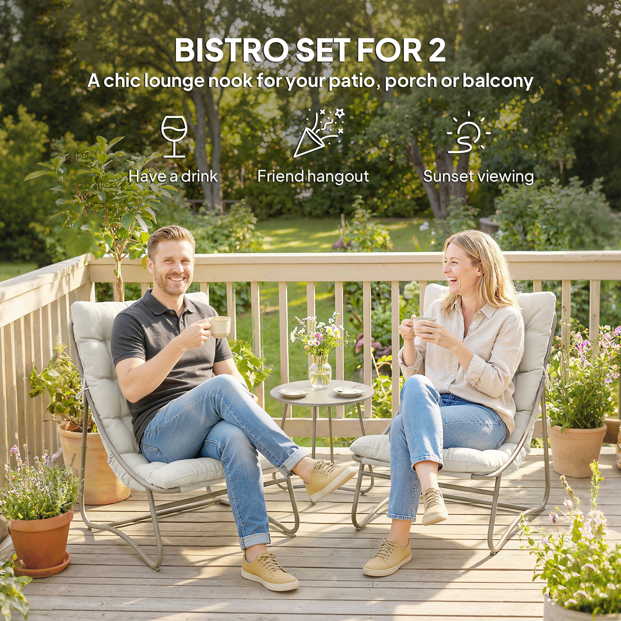 Outsunny 3 Piece Garden Bistro Set, Round Outdoor Bistro Table and Chairs Set for 2 with Texteline Seat and Cushions, Light Grey 