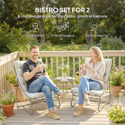 Outsunny 3 Piece Garden Bistro Set, Round Outdoor Bistro Table and Chairs Set for 2 with Texteline Seat and Cushions, Light Grey 