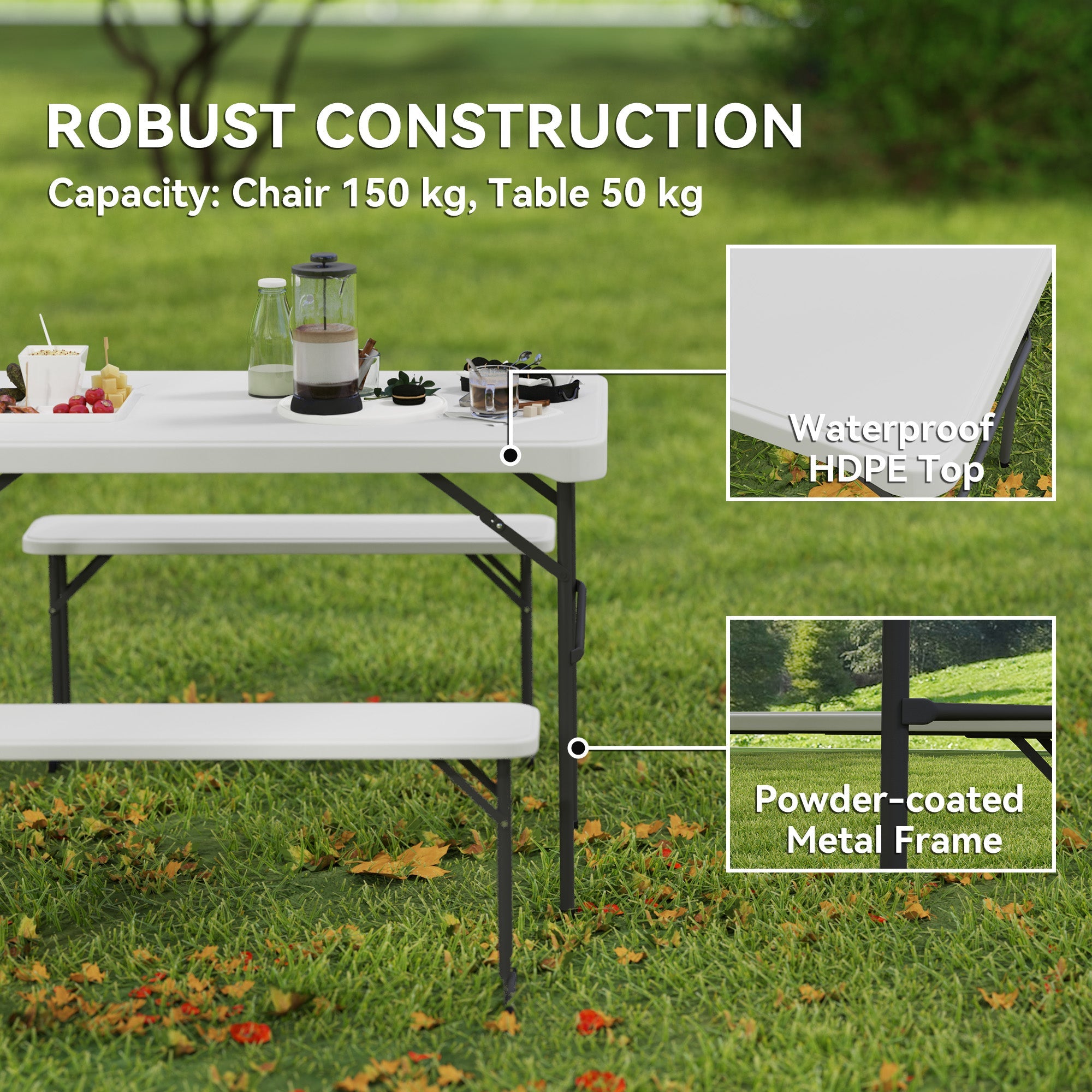 Outsunny 3 Piece 4ft Folding Picnic Table and Bench Set, Portable HDPE Camping Table and Chairs with Carrying Handle for Indoor Outdoor, Dining, Camping, Picnic, BBQ, Party, Light Grey 