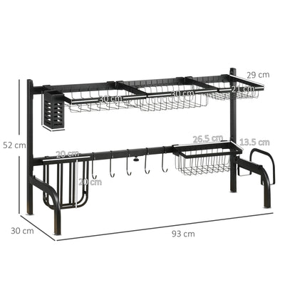 HOMCOM Space Saving 2 Tier Adjustable Dish Drainer Over The Sink Dish Drying Rack, Black 