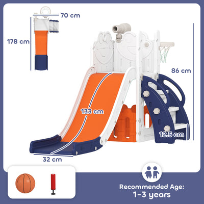 AIYAPLAY 5 in 1 Kids Slide Set with Basketball Hoop, Climbing Frame, Telescope, Storage Box for Toddlers Ages 1-3, Orange 
