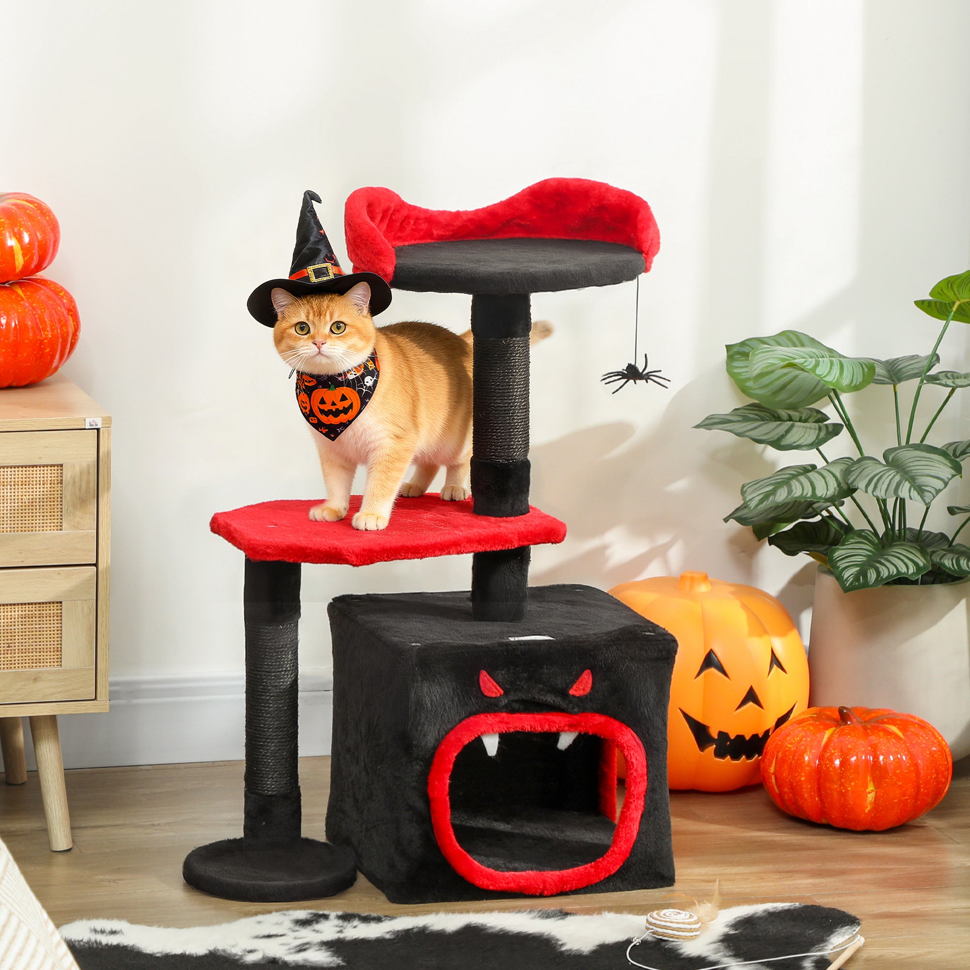 PawHut Cat Tree, Gothic Cat Tower with Scratching Posts, Cute Condo, Coffin Platform, Bed and Spider Toy, Halloween 