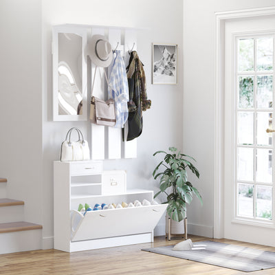 HOMCOM 2PC Shoes Storage Chest Cloths Rack Unit w/Mirror Multiple Shelves Large Storage Capacity Shoes Cabinet 6 Hooks Cloth Rack White 