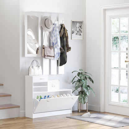 HOMCOM 2PC Shoes Storage Chest Cloths Rack Unit w/Mirror Multiple Shelves Large Storage Capacity Shoes Cabinet 6 Hooks Cloth Rack White 