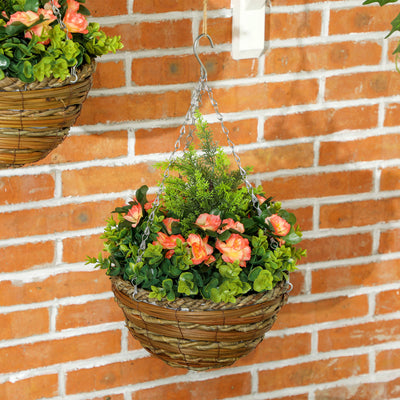 Outsunny Pack of 2 Faux Plant Artificial Lisianthus Flowers Hanging Planter with Basket for Indoor Outdoor Decoration, Orange 