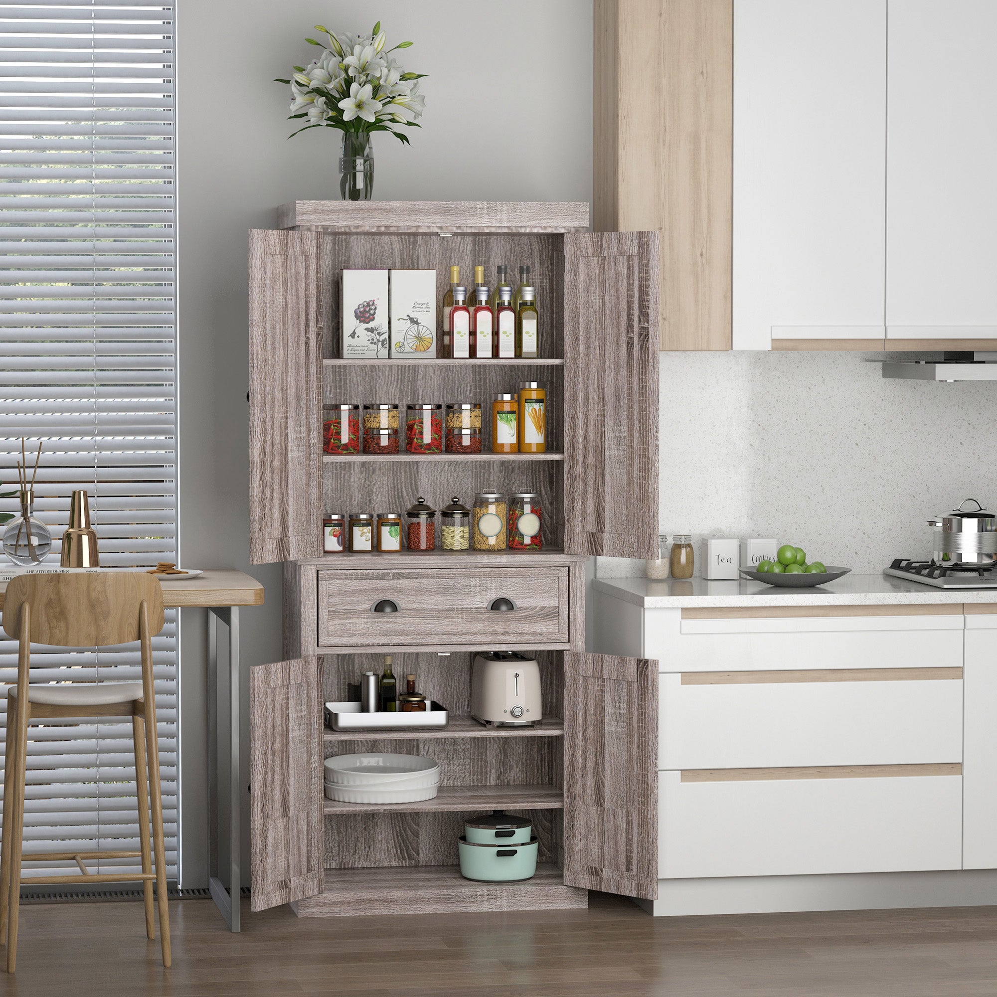 HOMCOM Freestanding Kitchen Cupboard, 184cm Tall Storage Cabinet with Doors and Shelves, Traditional Colonial 4-Door Kitchen Pantry Cupboard with Drawer, Dark Wood Grain 