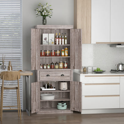 HOMCOM Freestanding Kitchen Cupboard, 184cm Tall Storage Cabinet with Doors and Shelves, Traditional Colonial 4-Door Kitchen Pantry Cupboard with Drawer, Dark Wood Grain 