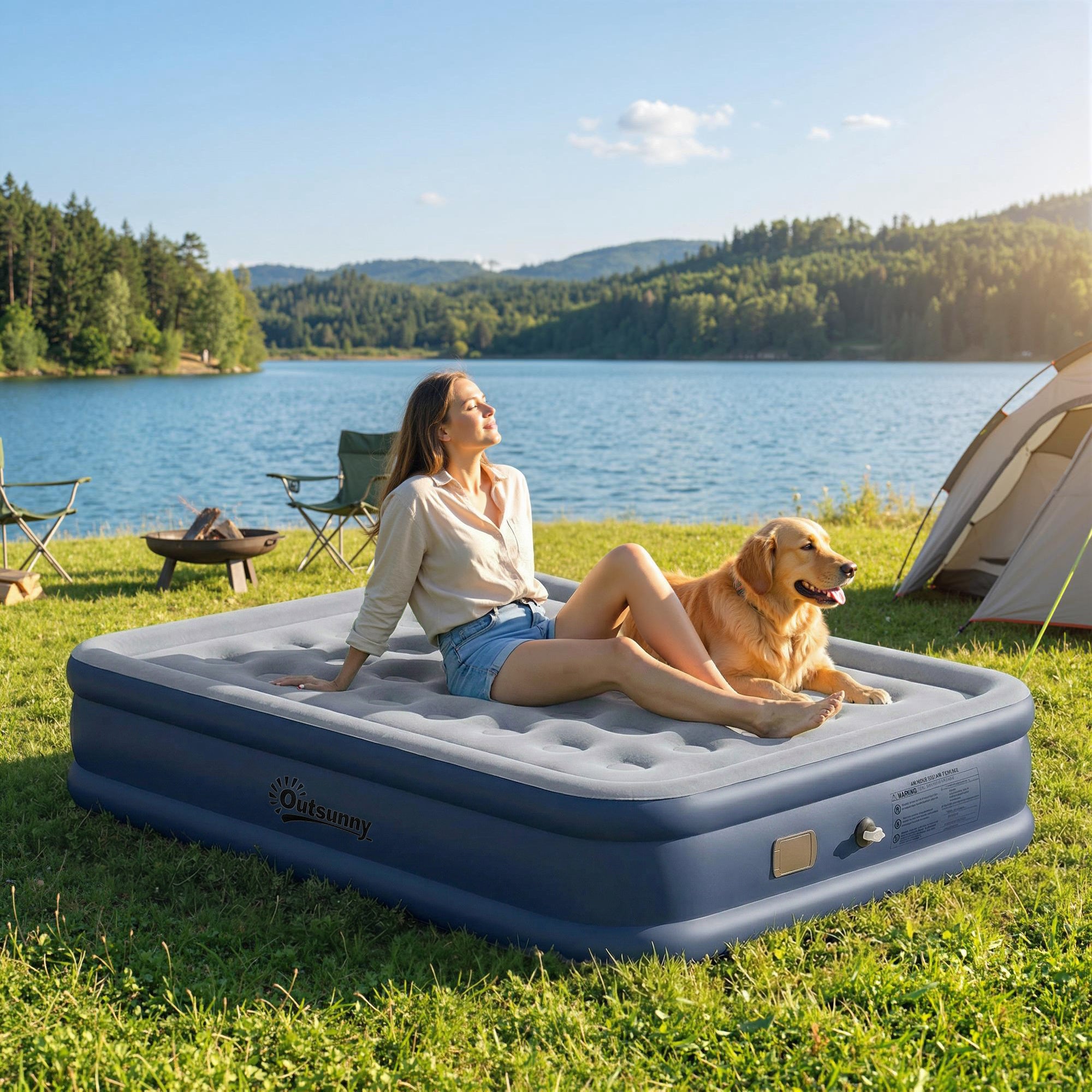 Outsunny Inflatable Mattress, Double Air Bed with Built-in Electric Pump, 3 Mins Inflation, Flocked Surface, Grey 
