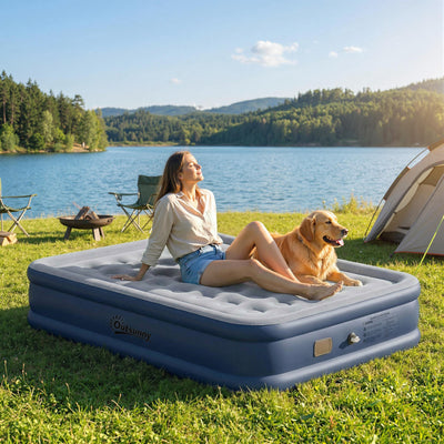 Outsunny Inflatable Mattress, Double Air Bed with Built-in Electric Pump, 3 Mins Inflation, Flocked Surface, Grey 
