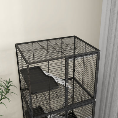 PawHut Rolling Chinchilla Cage, Small Animal Cage for Ferrets w/ Three Doors, Storage, Shelf, Tray Tray, Bowl, Water Bottle 