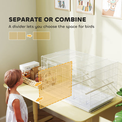 PawHut Bird Cage with Divider, 4 Wooden Perches, Slide Out Tray, 4 Feeders, for Budgie, Lovebird, Canary, 76 x 46 x 46cm, White 