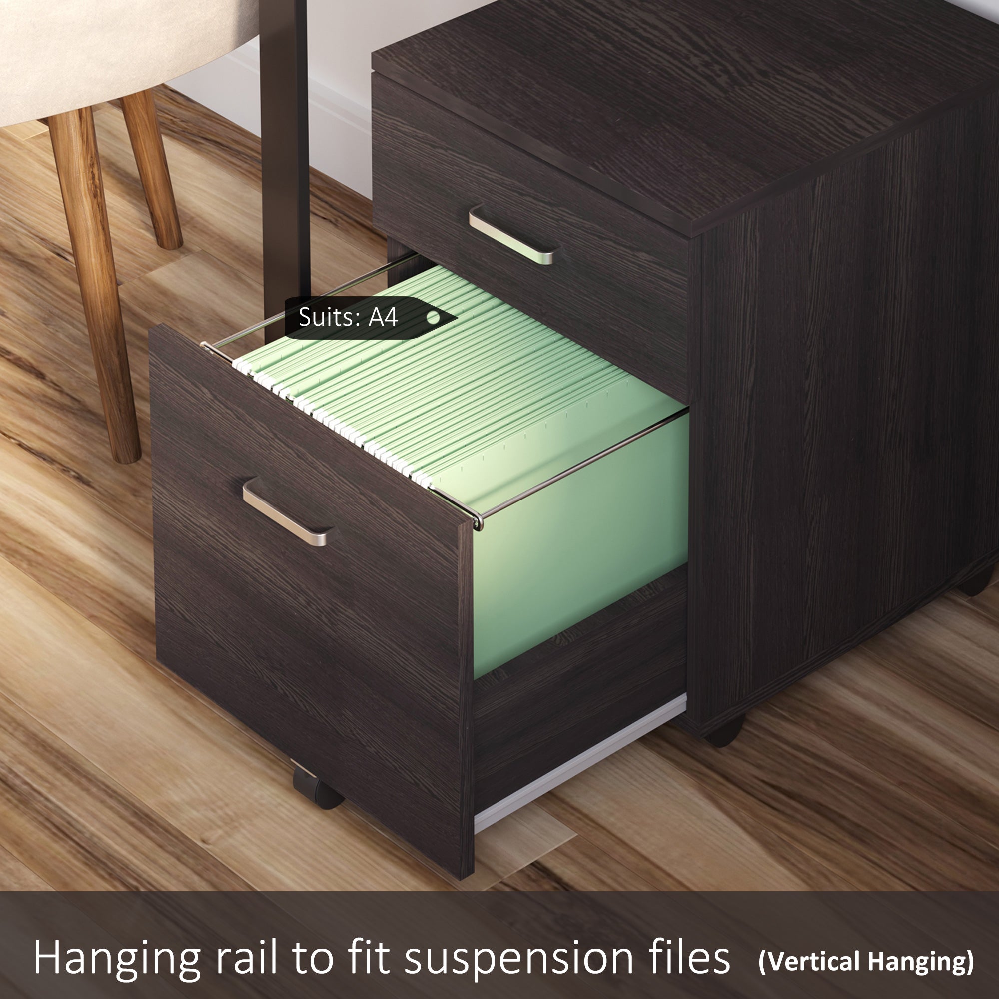 Vinsetto 2-Drawer Locking Office Filing Cabinet w/ 5 Wheels Rolling Storage Hanging Legal Letter Files Cupboard Home Organisation Black Wood Grain 