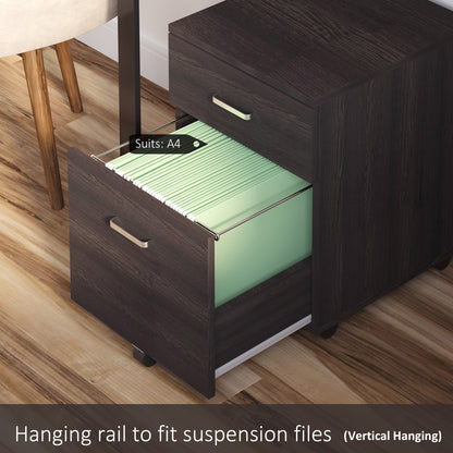 Vinsetto 2-Drawer Locking Office Filing Cabinet w/ 5 Wheels Rolling Storage Hanging Legal Letter Files Cupboard Home Organisation Black Wood Grain 
