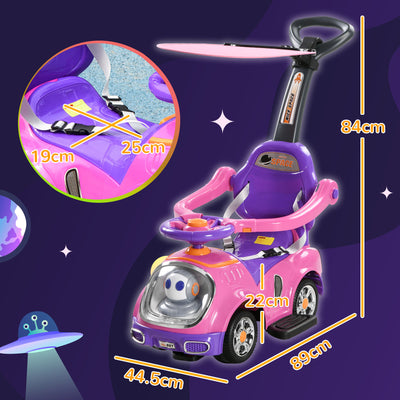AIYAPLAY 3 in 1 Ride on Push Car, Cartoon Robot Theme Foot to Floor Slider w/ Handle Light Music Horn, Storage - Pink 
