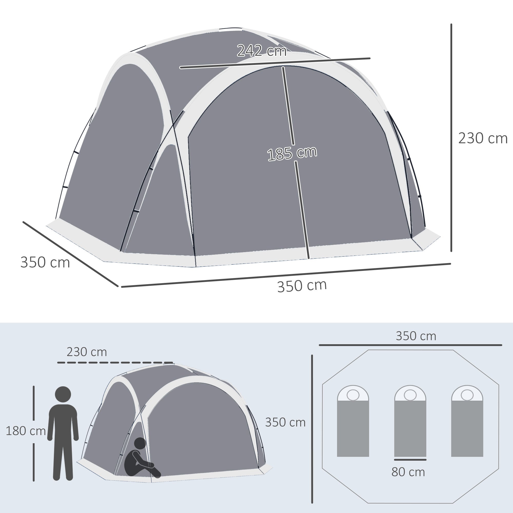 Outsunny Dome Tent for 6-8 Person, Camping Tent with 4 Zipped Mesh Doors, Removable Oxford Cloth, Lamp Hook, Portable Carry Bag, White and Grey 