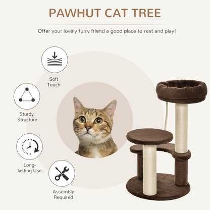 PawHut 65cm Cat Tree, Cat Tower for Kittens, Small Cat Condo with Sisal Scratching Posts, Hanging Rope, Perches - Brown 