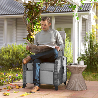 Outsunny Outdoor Recliner Chair with Adjustable Backrest and Footrest, Cushion, Side Tray, Light Grey 