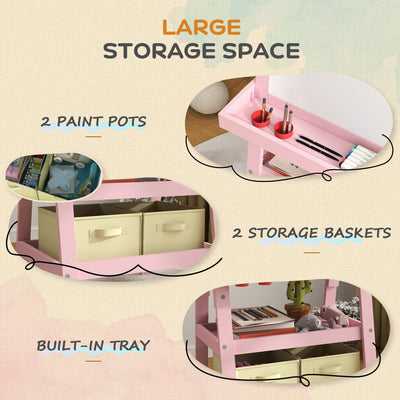 AIYAPLAY 3 in 1 Kids Easel Double-Sided Magnetic Whiteboard and Chalkboard with Paper Roll, Storage Baskets - Pink 