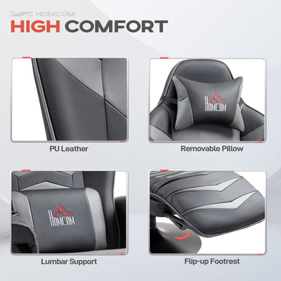 HOMCOM Massage Recliner Chair with Remote, PU Leather Recliner Armchair with Cup Holders and Side Pockets, Racing Style Reclining Chair with Headrest, 360° Swivel, Lumbar Support, Grey 