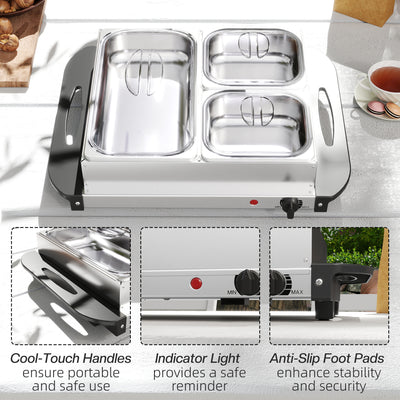 HOMCOM 4.5L Stainless Steel Electric Buffet Server, with 3x Trays and Lids 