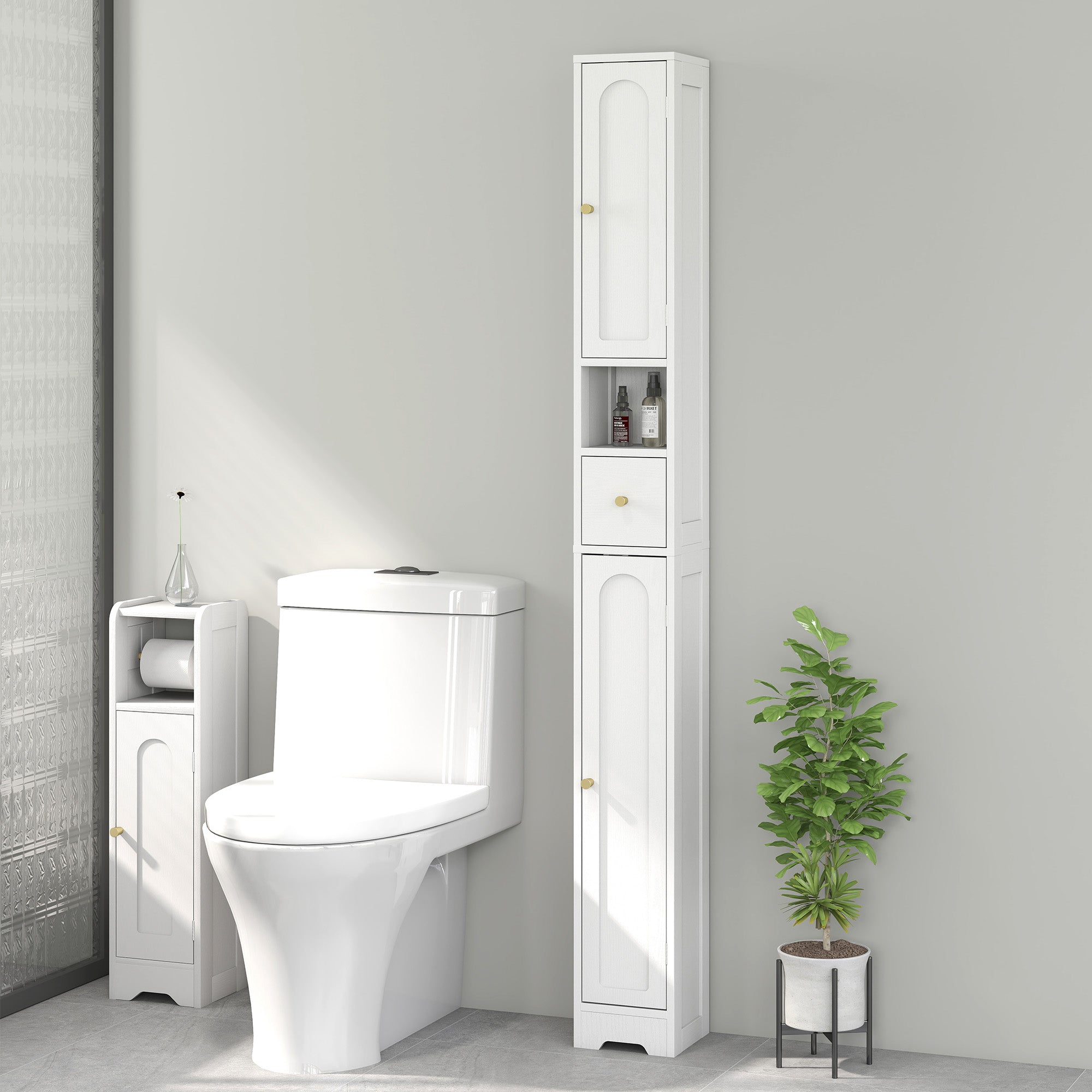 HOMCOM 185 cm Tall Bathroom Cabinet with Arched Doors - White