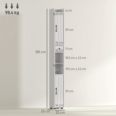 HOMCOM Tall Bathroom Cabinet, Farmhouse Slim Bathroom Storage Cabinet with Barn Doors, Toilet Paper Roll Holder, Drawer and Adjustable Shelves, Narrow Bathroom Storage Unit, 20 x 20 x 185cm, White 