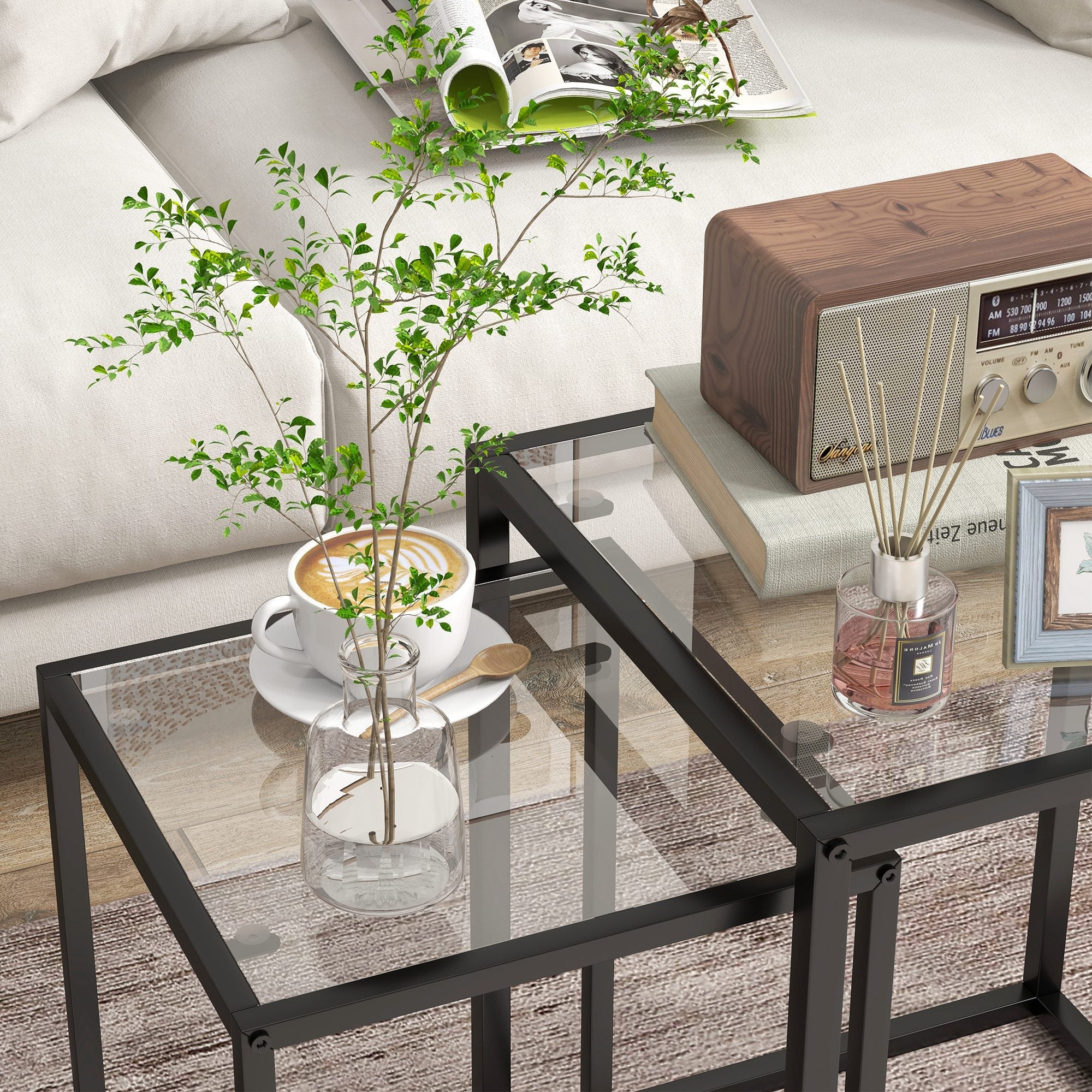 HOMCOM Nesting Tables Set of 2, Side End Table with Tempered Glass Top and Steel Frame for Living Room, Bedroom, Black 