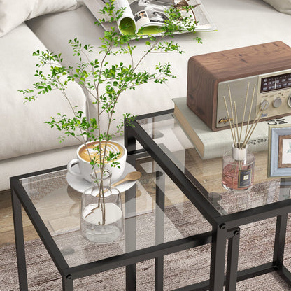 HOMCOM Nesting Tables Set of 2, Side End Table with Tempered Glass Top and Steel Frame for Living Room, Bedroom, Black 
