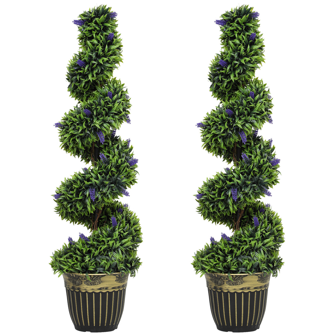 HOMCOM Set of 2 Decorative Artificial Plants, Boxwood Spiral Topiary Tree with Lavender and Pot, Fake Plants for Home Indoor Outdoor Decor, 115cm 