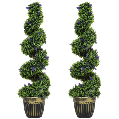 HOMCOM Set of 2 Decorative Artificial Plants, Boxwood Spiral Topiary Tree with Lavender and Pot, Fake Plants for Home Indoor Outdoor Decor, 115cm 