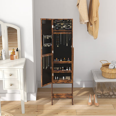 HOMCOM Free Standing Mirror Jewelry Cabinet with LED Lights, Jewellery Organiser with 3 Angle Adjustable, Full-Length Mirror with Storage for Earrings, Necklaces, Rings and Lipsticks, Rustic Brown 